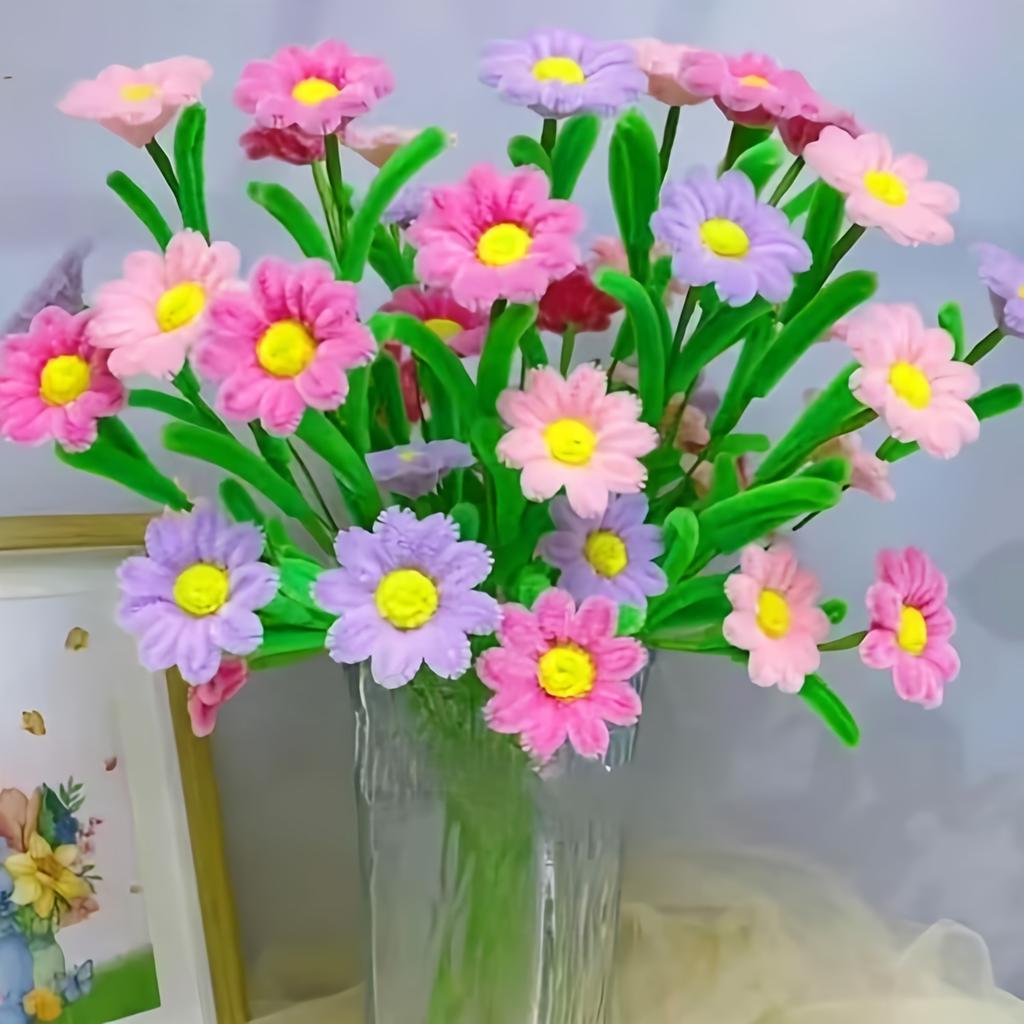DIY Daisy Flower Craft Kit  - Faux Fur Material, Pipe Cleaner Crafting Supplies - Wedding Bouquets, Easter Mother's Day gifts