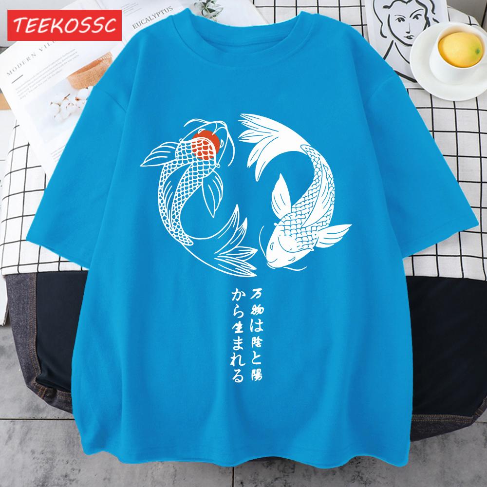 Two Koi Fish Swimming In Waterprint Men TShirts Cotton AllMatch T Shirt Comfortable Crewneck Tops Loose Unisex Summer Clothes