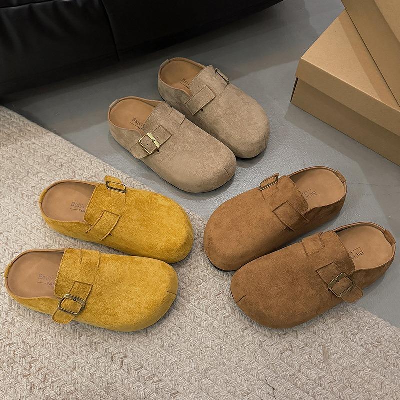 Retro baotou half-drag women wear autumn new comfortable lazy shoes thick-soled inner height-increasing slippers