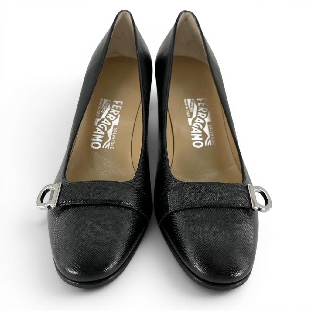 Pristine Salvatore Ferragamo Pumps GanciniMetal Black Leather Women 7 Used