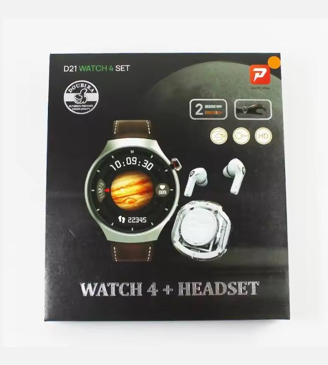 Set Cadou Ceas Inteligent D21 4 cu Căști Bluetooth Air39 Cadran Rotund Relojes Montre Connecte 2 în 1 Ceas Inteligent cu Căști TWS