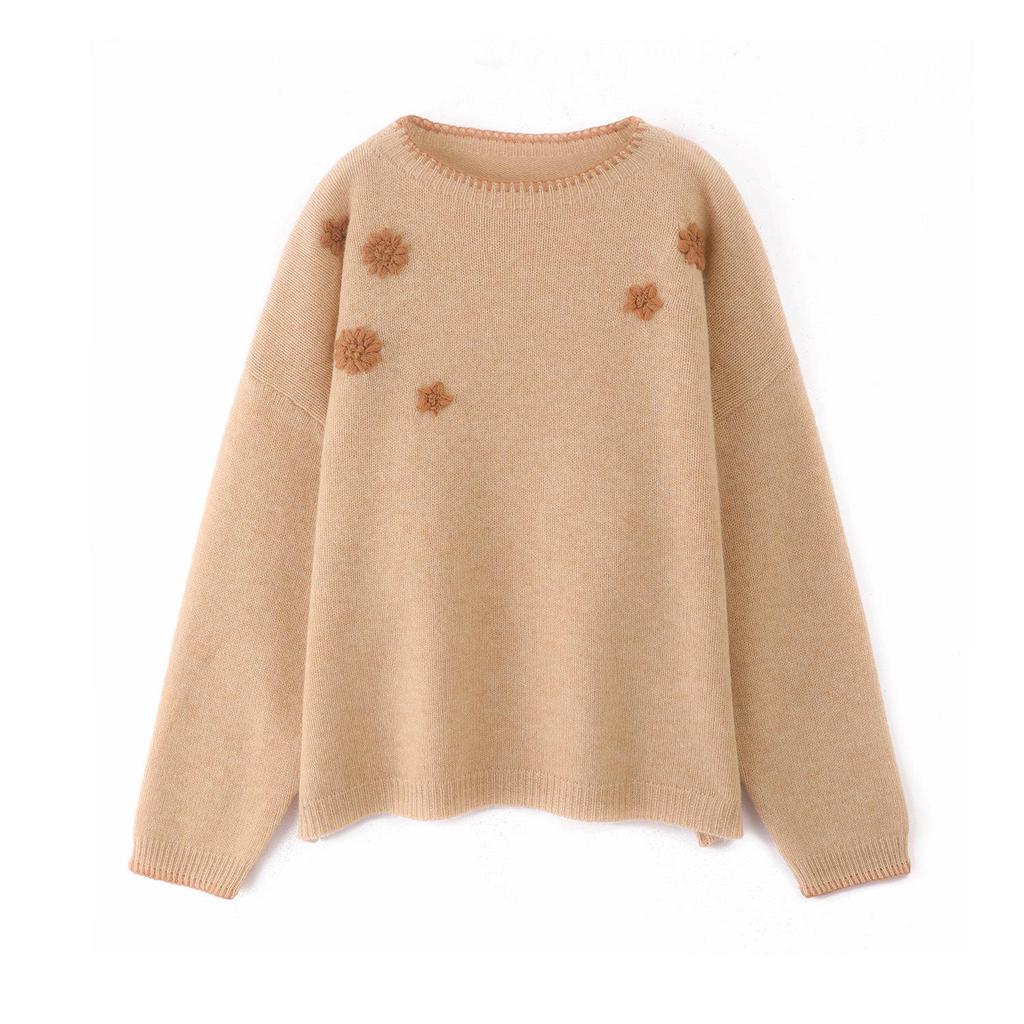 Color Block Embroidered Pure Wool Round Neck Knitwear - Women's Loose Fit Long Sleeve Sweater for Autumn and Winter