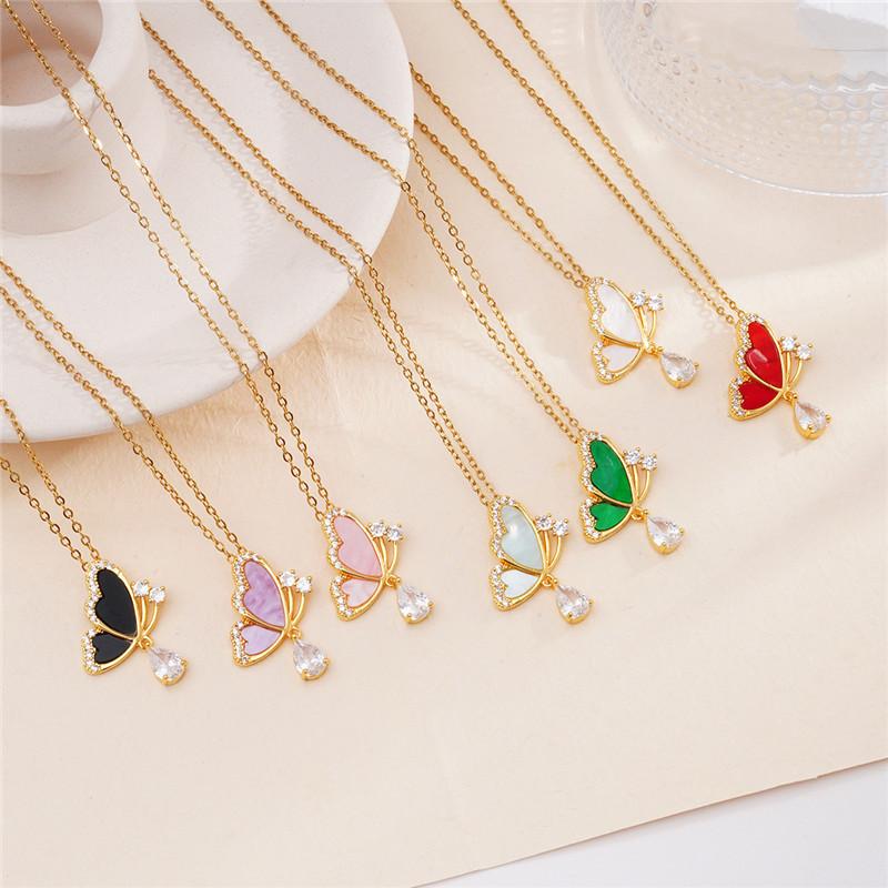 Fashion Butterfly Zircon Water Drop Necklace Stainless Steel Chains High Grade Geometric Choker Jewelry Gifts For Women Girls