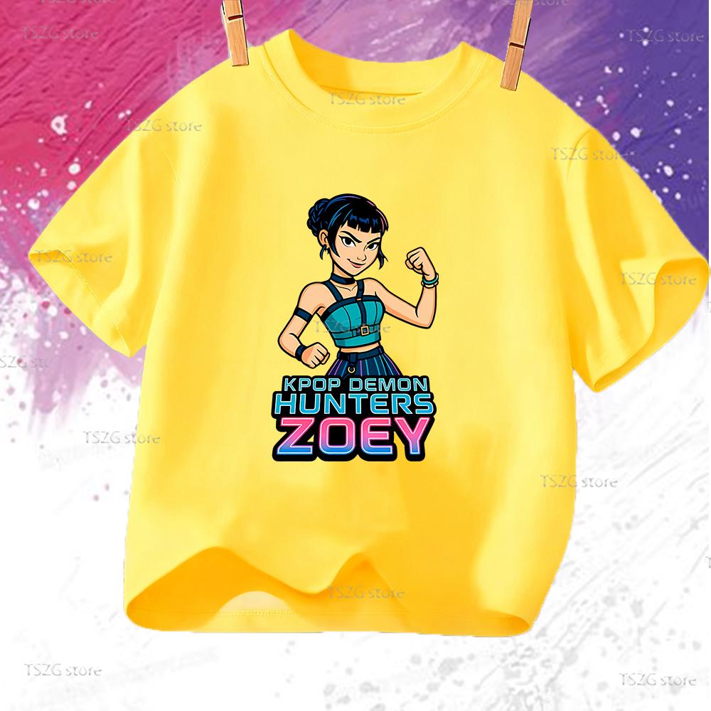 Camiseta Infantil Kpop Verão Caçadores de Demônios ZOEY Desenho Animado Menina Menino Camiseta Quente Estampa de Filme Fofa Baby Tee Roupa de Fã