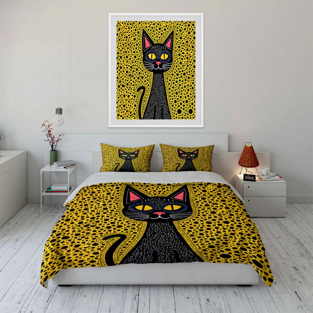 Black Dot Background Letter Black Cat Duvet Cover Set, Folk Art Kitty Bedding Includes 1 Duvet Cover And 2 Pillowcase, Gift
