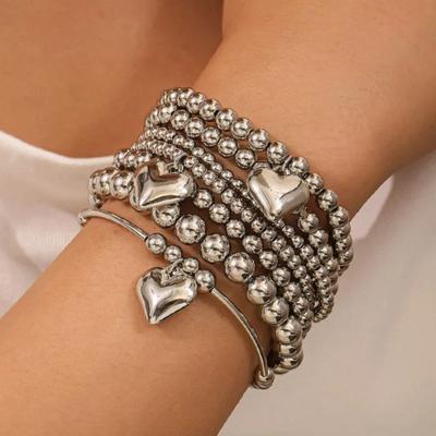 6Pcs/Set Stackable Gold Color Luxury Beads Wristband Accessories Beaded Bracelets Set Pentacle Star Love Heart Charm Hand Chains
