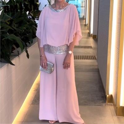 אופנה לנשים עם הדפס בצבע אחיד עם שרוולים קצרים חולצה בצבע נצנצים עם רגליים רחבות חליפות מכנסיים מכנסיים