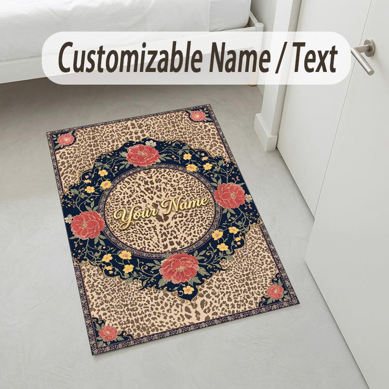 Leopard Floral Theme Soft Crystal Velvet Rug Custom Name & Text Print Non Slip Floor Rug for Bedroom Living Room