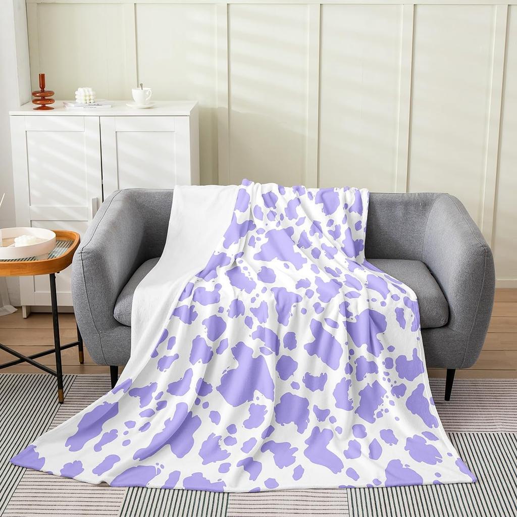 Purple Cow Print Blanket Soft Fleece Throw Modern Home Decor Cozy Living Room Sofa Bedding Gift for Women Girls