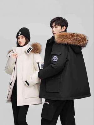 Men's American Style Winter Parka with Large Fur Collar, Mid-Length Outdoor Couple's Jacket, Mountain Windbreaker