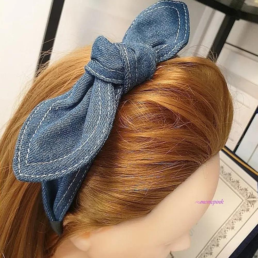 Hairband headband knot ribbon denim light blue dark blue stitch college student cotton hairband fabric headband jkl825 light blue