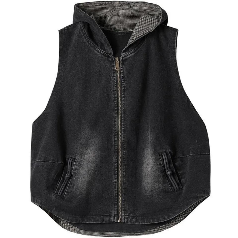 Veste en jean délavée à capuche pour femme, style littéraire, ample, sans manches, décontractée, pour le printemps