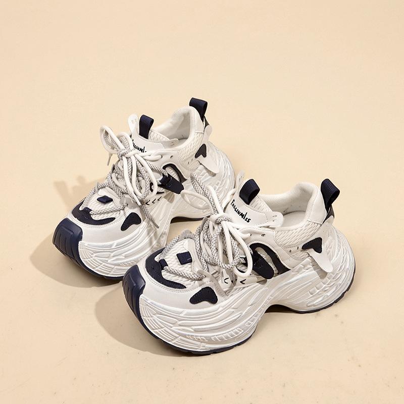 Paris Leather Small Man Height Increase 8cm Dad Shoes Women's Korean Version Color Matching Thick-soled Round Head Versatile Casual Sports Shoes