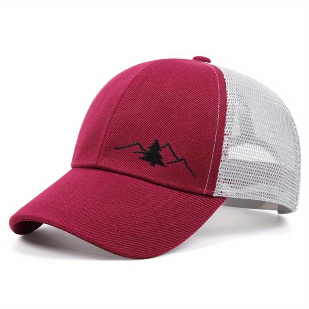 Mountain Embroidery Mesh Cap Adjustable Fit Sun Shading Hat Breathable Hat  Unisex Wear