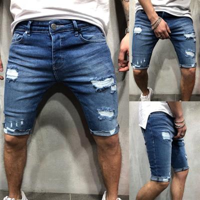 Kurze Jeans Ripped Skinny Herren Reißverschluss Taschen Shorts für Party