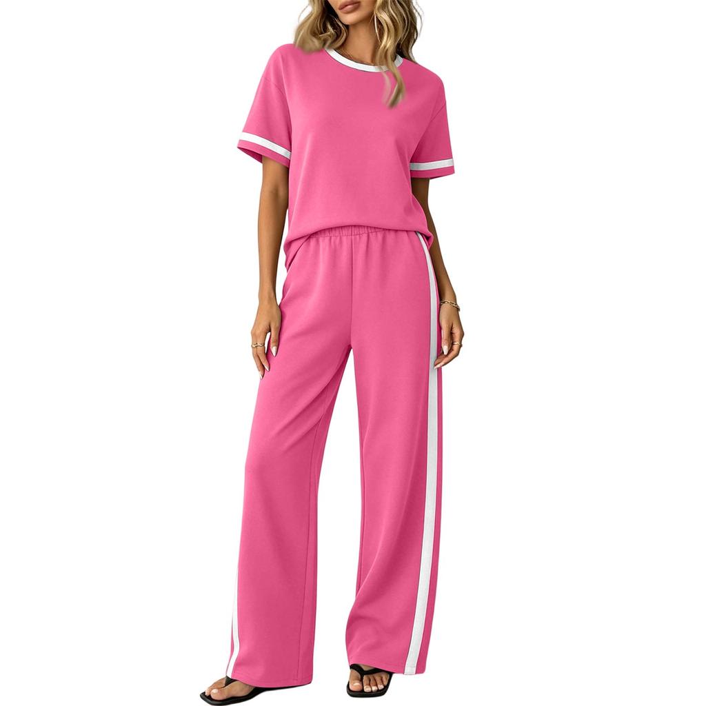 Conjunto de Dos Piezas para Mujer Informal para Estar en Casa Top de Manga Corta y Pantalones de Pierna Ancha Tejido Suave Ajuste Cómodo Estilo Relajado