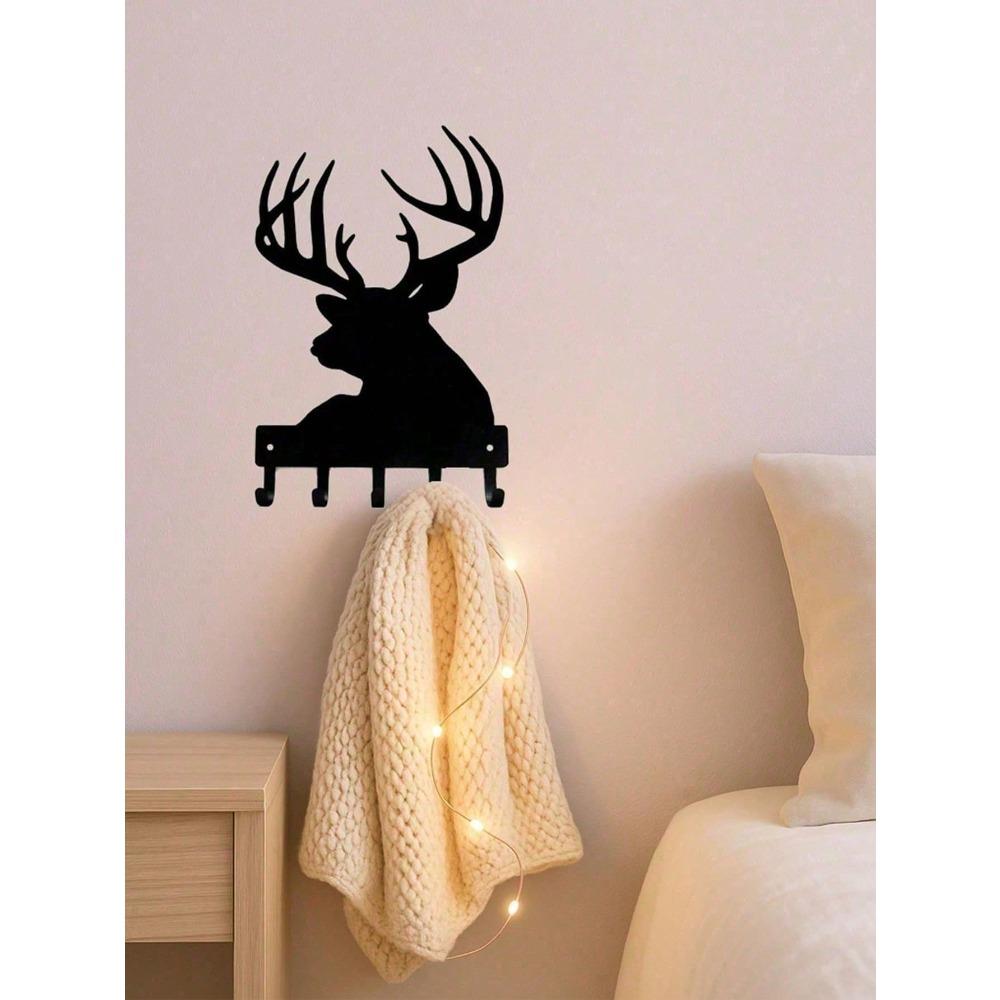Black Metal Vintage Wall Mounted Coat Rack with Shelf Farmhouse Entryway Organizer Wooden Antelope Hooks Hallway Living Room Decor
