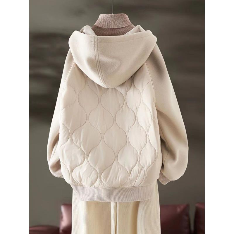 Knitted Stitching Cotton-padded Jacket Women's Fashion Loose Casual Mid-length Hooded Coat