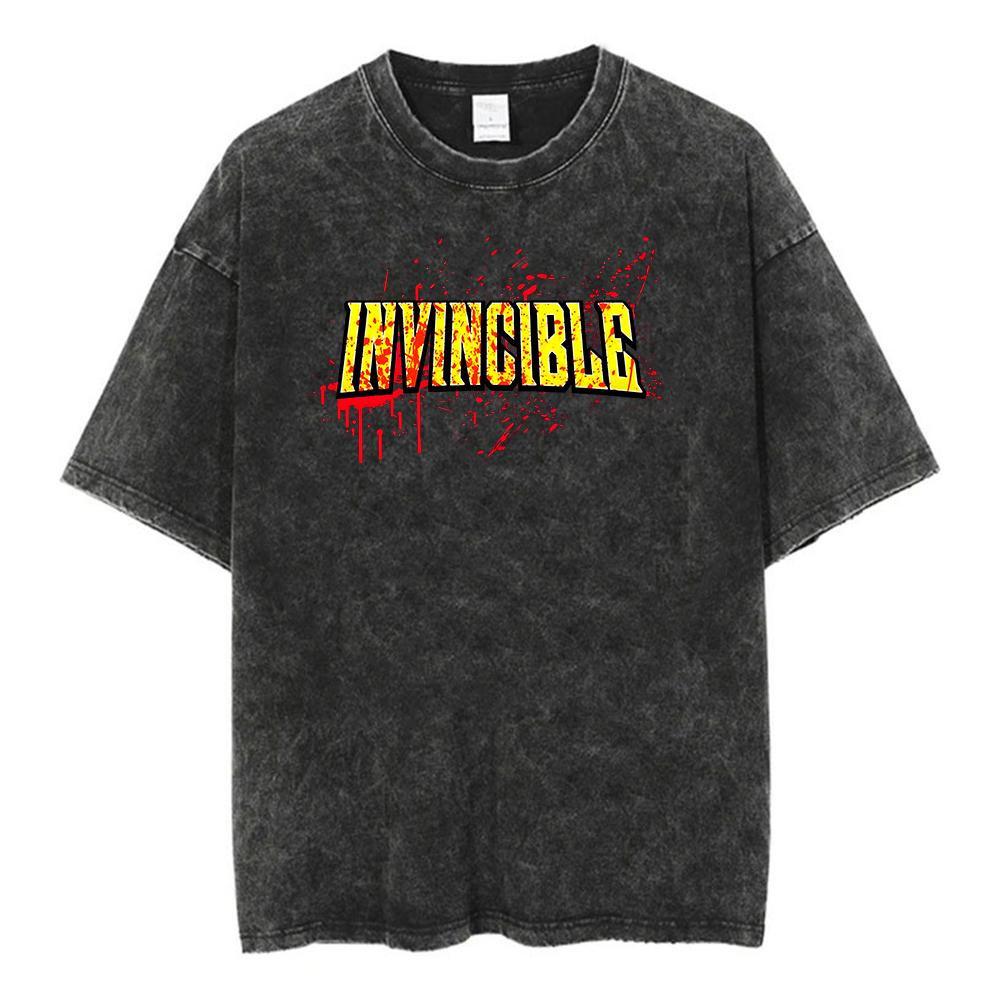Ladies Invincible Hero Vintage Printed Tees Cotton Loose Washed T-Shirt Clothes Vintage Short Sleeve Crew Neck T-Shirt Unisex