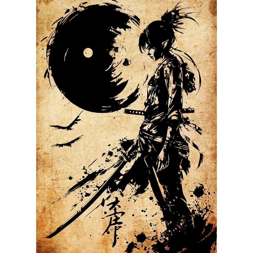 Japanese Silhouette Samurai Art Red Sun Koi Fish Posters Bamboo Modern Prints Canvas Wall Art Pictures Home Living Room Decor
