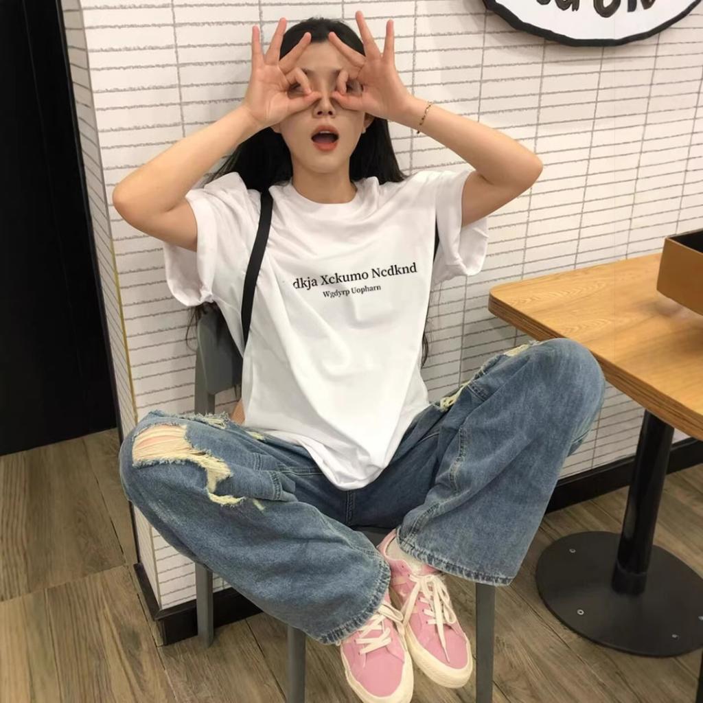 American high street trendy brand letters large size fat mm short-sleeved T-shirt women's summer design loose couple top