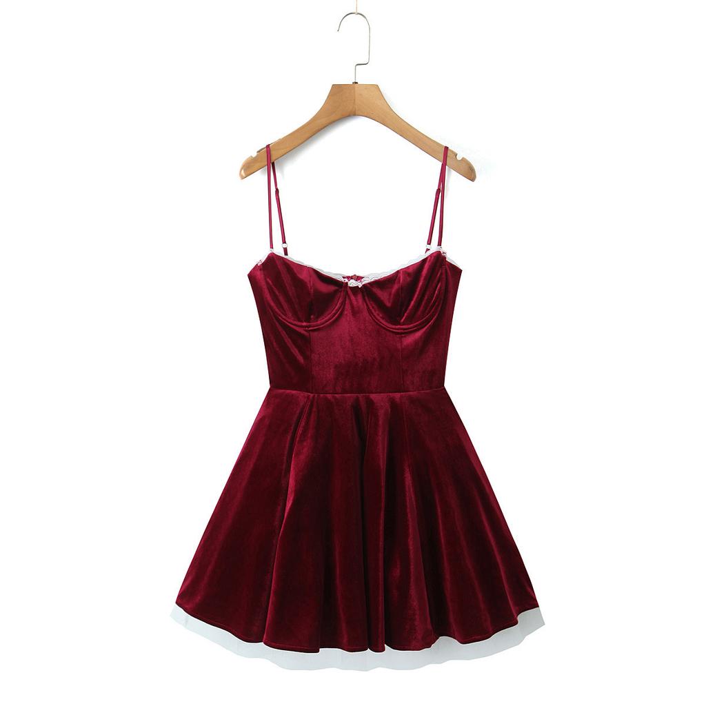 Autumn new red golden velvet dress high-end suspender waist tutu dress celebrity small dress short skirt