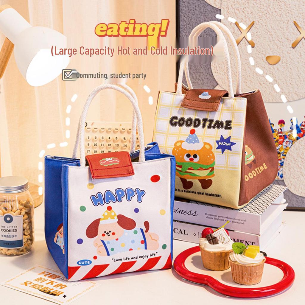 Creative Cartoon Insulated Bento Bag - Large Capacity Handbag for Office Workers and Students, Portable Lunch Box Carrier with Fresh-Keeping Features.