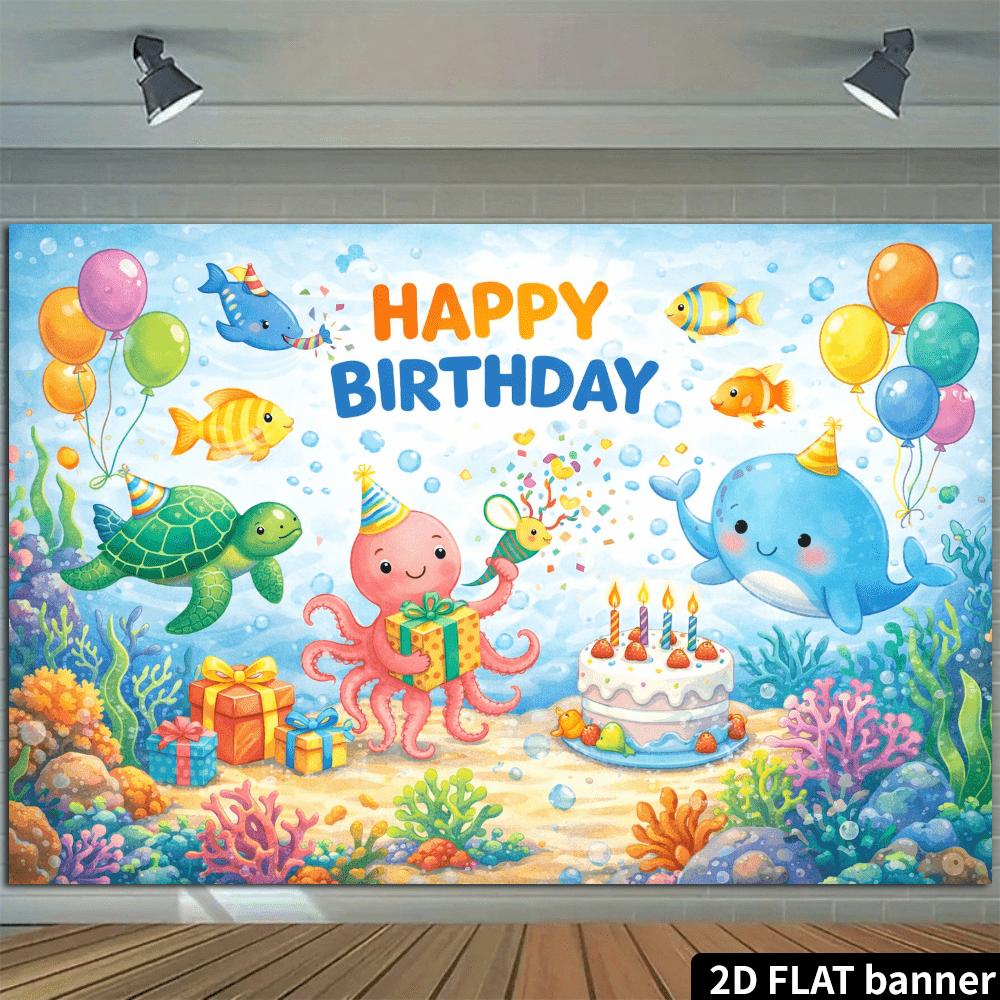2D-Ebene 1 Stück Ozean-Thema Geburtstag banner fröhlicher Wal Schildkröte und Oktopus Party Szene