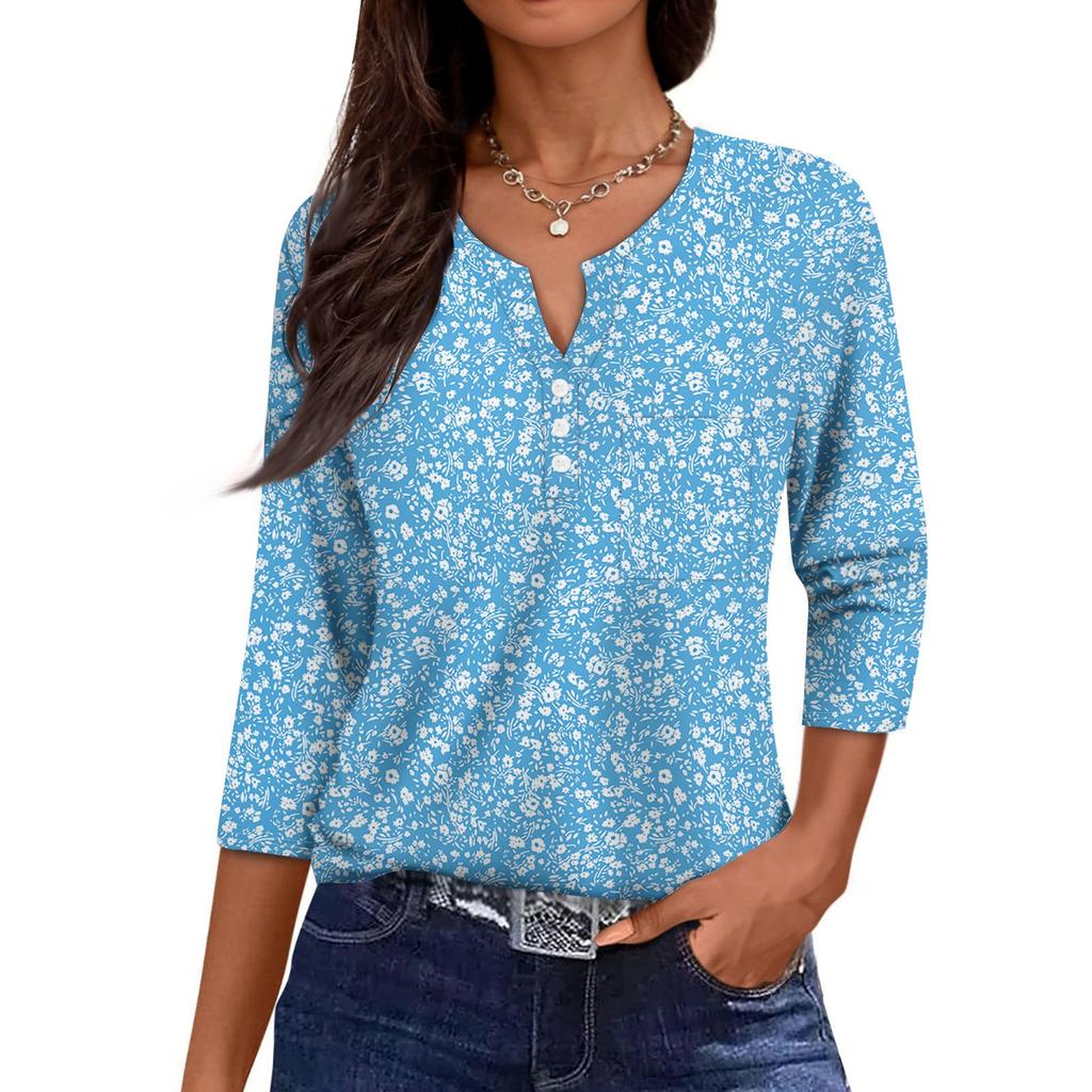 Damska Codzienna Modna Dekolt V Luźna Wszechstronna Kwiatowy Wzór Rękawy Trzyczwarte