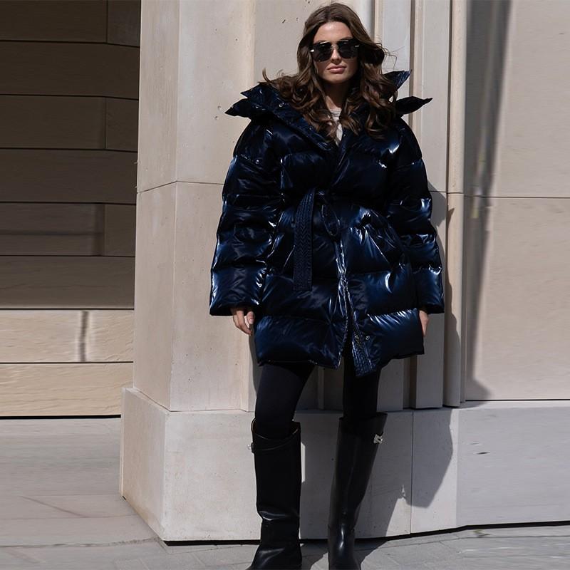 Womens Hooded Down Jacket Slim Fit Warm Shiny Reflective Strap Coat Fall Winter Daily Outdoor Commute
