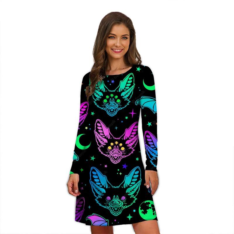 Winter Halloween Party Pumpkin Lantern Dresses For Women Funny Abstract Face Anime Print Dress Causal Oversize Clothing