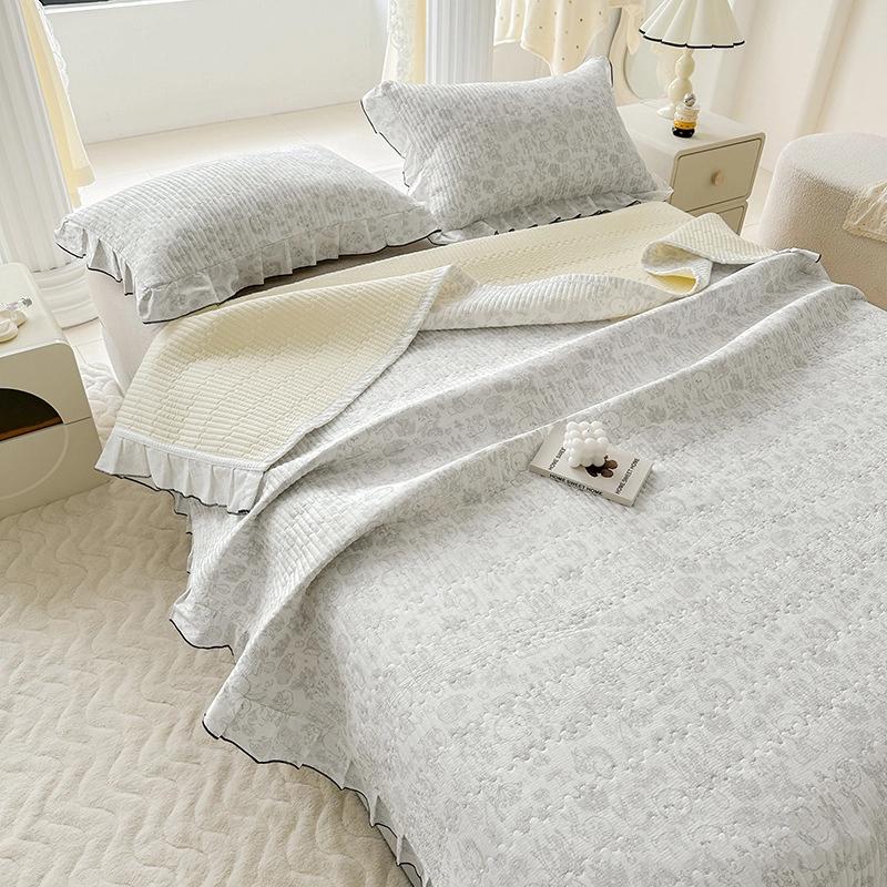 Cotton Quilted Bedspread Set 3 Pieces With Lace Trim Pure Cotton Washed Bed Sheet And Two Pillowcases Soft Breathable Durable Bedding Set