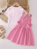 Girl's 2 Piece Outfit Printed Flower Dress with Striped Short Sleeve T Shirt, Summer Clothes Sets for 4-7 Years Kids