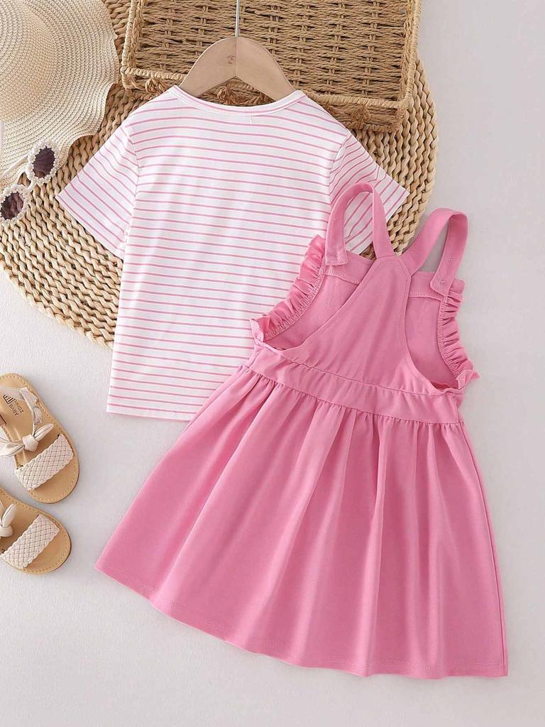 Girl's 2 Piece Outfit Printed Flower Dress with Striped Short Sleeve T Shirt, Summer Clothes Sets for 4-7 Years Kids