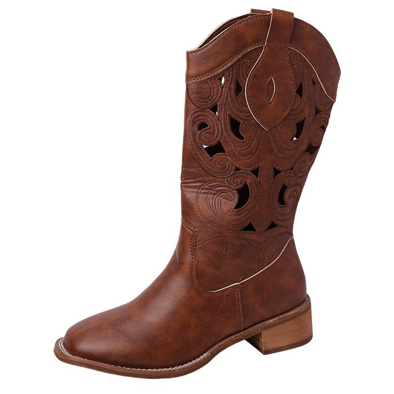 Fashion Retro Hollow Embroidered Western Cowboy Boots Women's 2025 Summer New Versatile Outer Wear Thick Heel Knight Boots