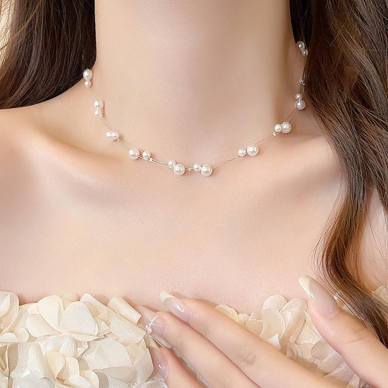 Gypsy Double Stacked Wearing Imitation Pearl Necklace Femininity Fashion Size Pearl Collarbone Chain French Retro Neck Chain
