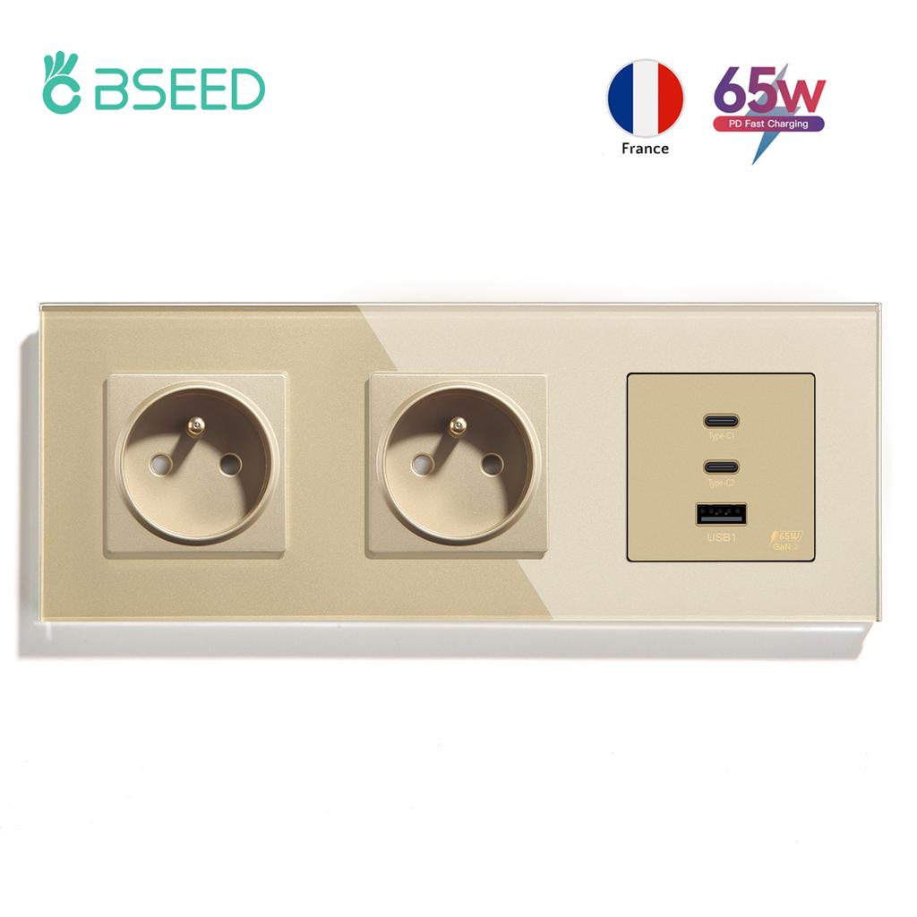 BSEED French Wall Socket 65W Double Type-c USB Sockets Super Fast Charging Ports Electric Power Outlets Crystal Glass Frames