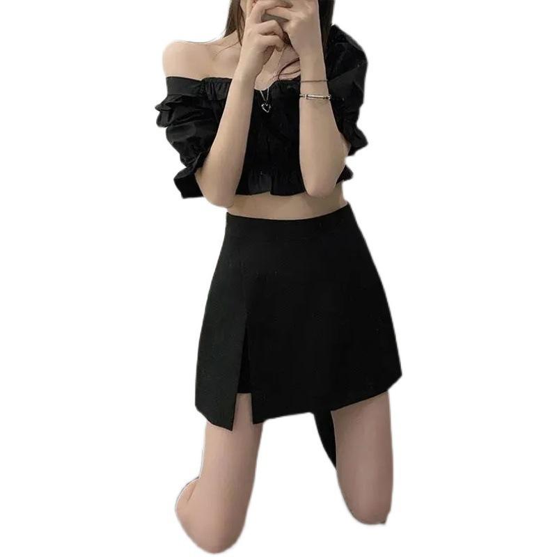 2022 Black High-Waisted Irregular Midi A-Line Skirt with Slimming Slit