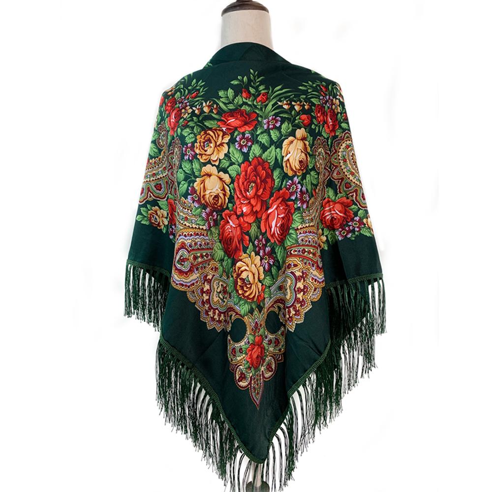 135*135Cm Russian Style Square Scarf For Women Luxury Floral Print Bandana Head Scarves Lades Fringed Shawl Headwraps Foulard