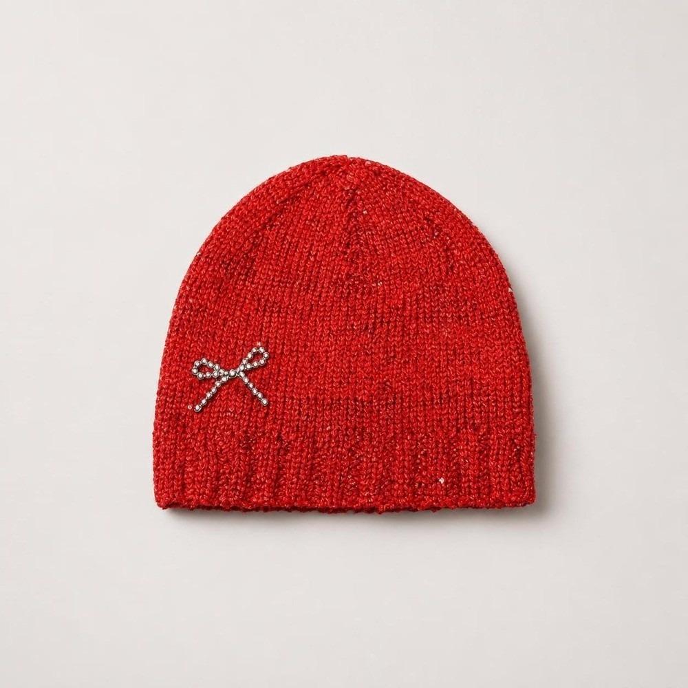 Rhinestone Bow Decor Skull Cap Hat Lightweight Warm Lining Sparkly Beanie Hat  Daily Wear