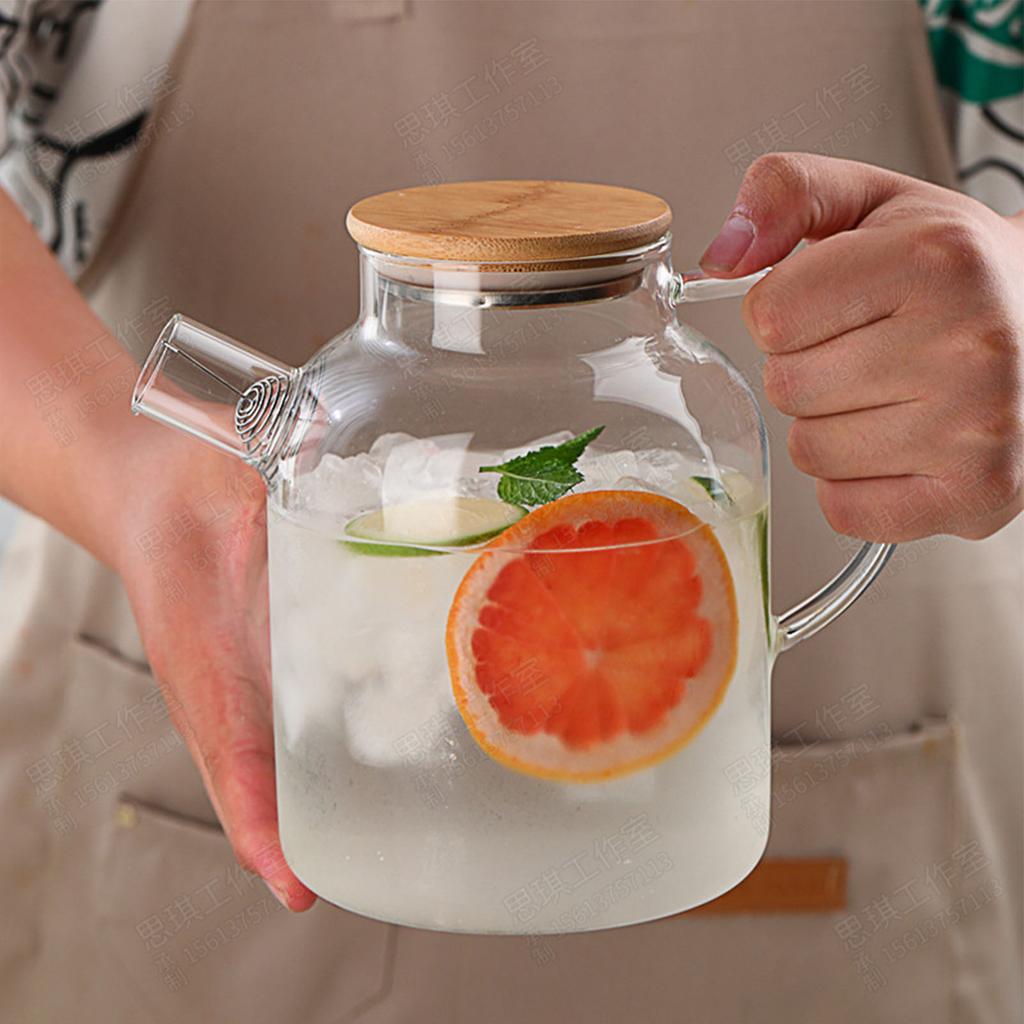 Water Pitcher 1800ml Glass Fridge Jug with Filter Whisk Wood Lid Heat Resistant Beverage Serveware for Drinks Tea Coffee