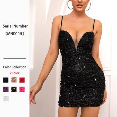 V-Neck Slit Detail Sequined Dress Sexy Low Back Mini Dress for Party