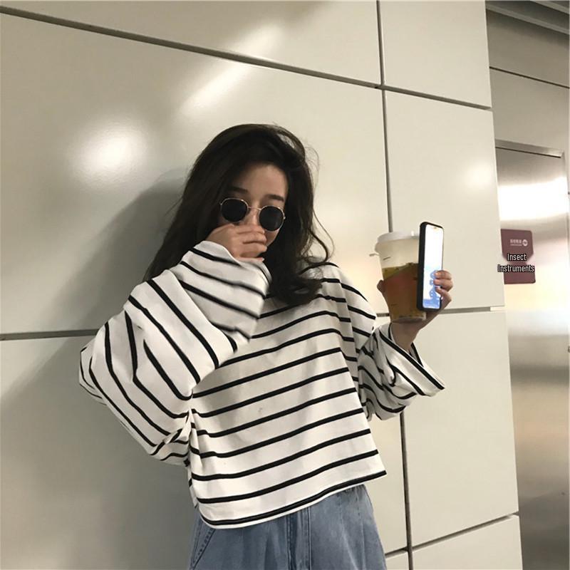 Black and White Color Block Striped Women's Casual Loose Long Sleeve T-shirt (2025 Korean Style)