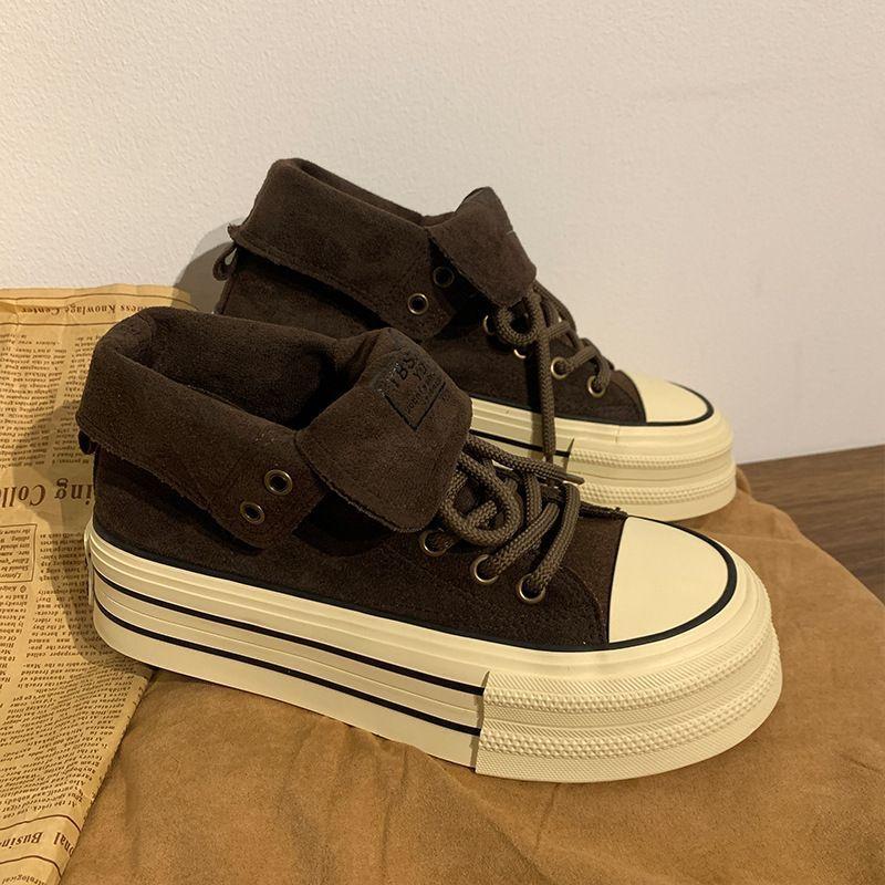 Maillard high-top board shoes for women wear autumn new niche versatile big-headed muffin retro canvas shoes