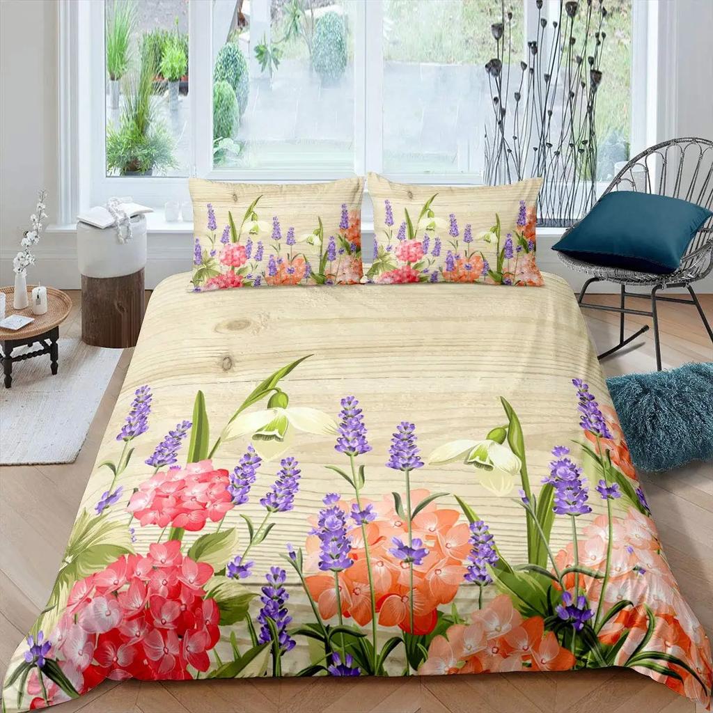 Lavender King Queen Duvet Cover Purple Flower Butterfly Bedding Set Abstract Marble Floral Comforter Cover Polyester Quilt Cover