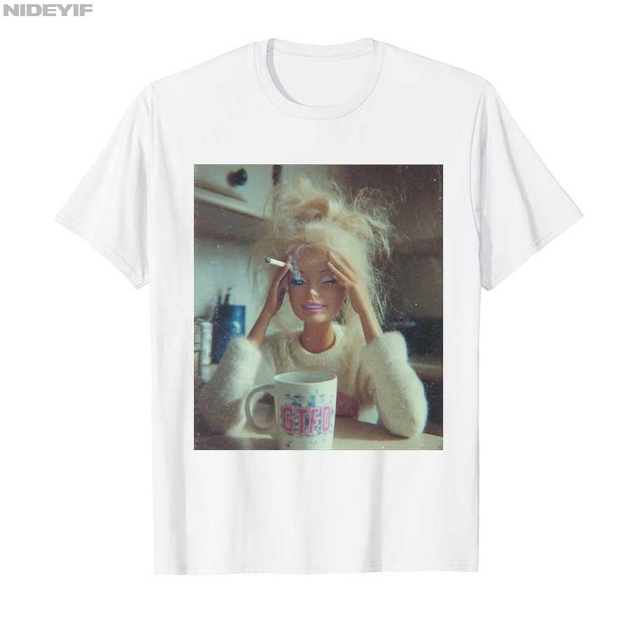 Funny Distressed Doll Face Meme Smoking Sarcastic Humor Gift Tshirt for Unisex Women Cotton T Shirts Short Sleeve Tops