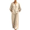 Women's Two Piece Outfit V Neck 3/4 Sleeve Button Front Blouse and Elastic Waist Pants Summer Color Casual Set