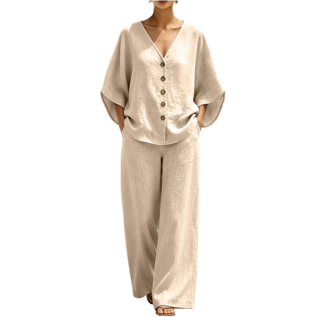 Women's Two Piece Outfit V Neck 3/4 Sleeve Button Front Blouse and Elastic Waist Pants Summer Color Casual Set