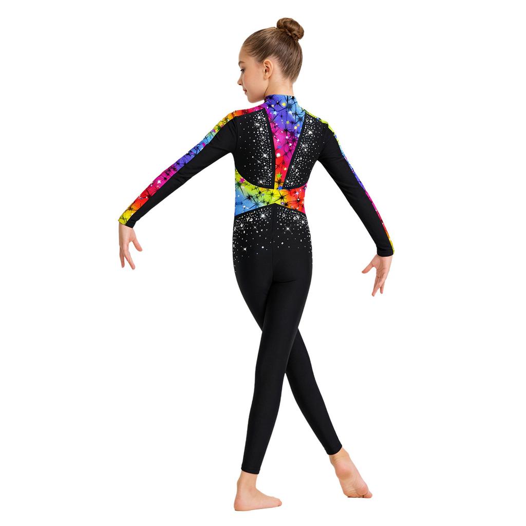 Leotard da Ballo da Bambina a Maniche Lunghe con Paillettes e Strass, Lucido, Full Body, Zip Invisibile Posteriore