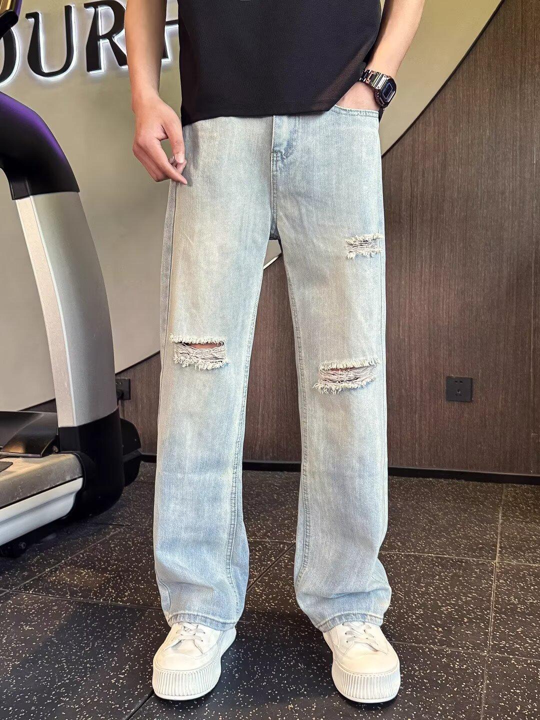 

Men s Washed Retro Ripped Jeans - Summer Thin Beggar Style, Straight Leg, Casual Long Pants for Spring and Autumn. 3X Large синій